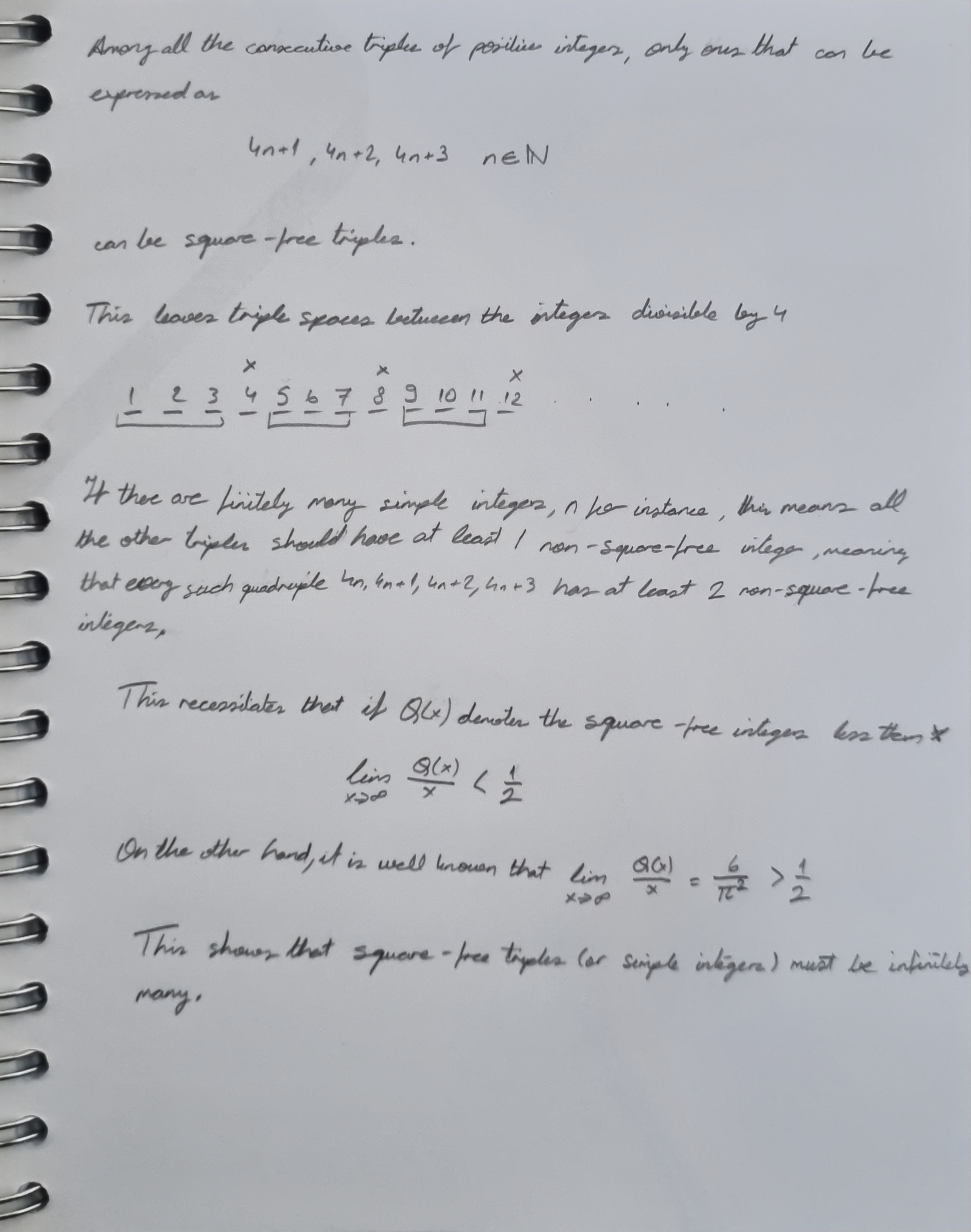 Handwritten proof concerning three consecutive square-free integers